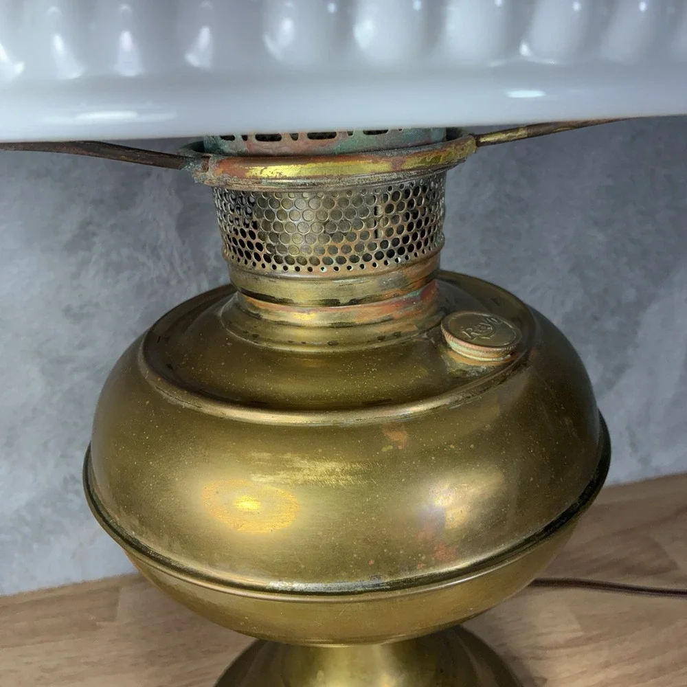 Vintage Brass Rayo Electrified Oil Lamp-Glass Chimney & White Milk Glass Shade